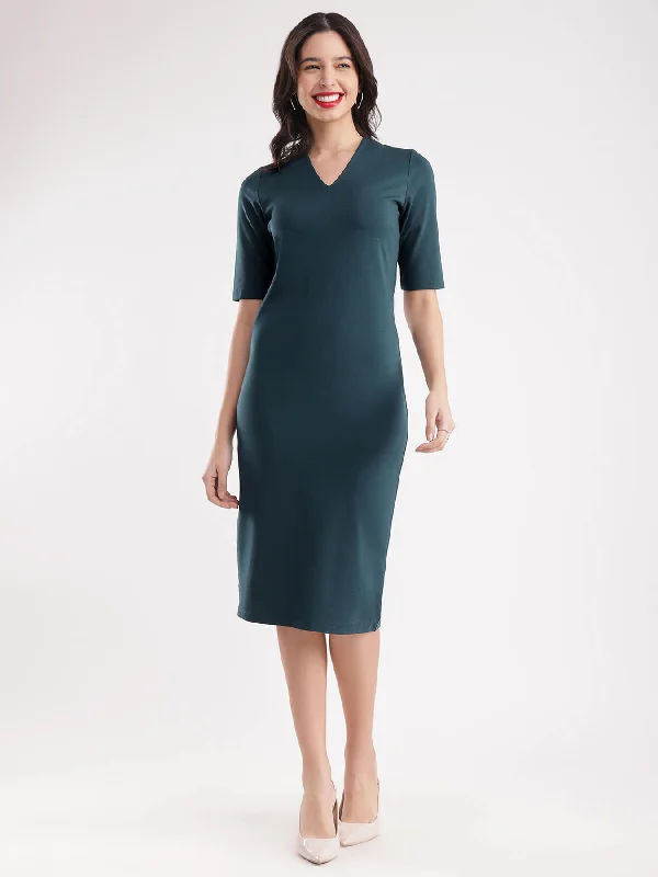Clearance Items V-Neck Shift Dress - Bottle Green