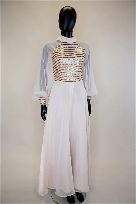Year-End Sale Vintage 1970s Oyster Sequin Chiffon Gown