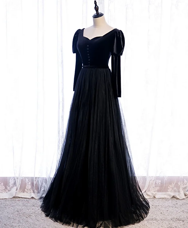 Final Markdown Black Tulle Long Prom Dress, Black Tulle Formal Dress