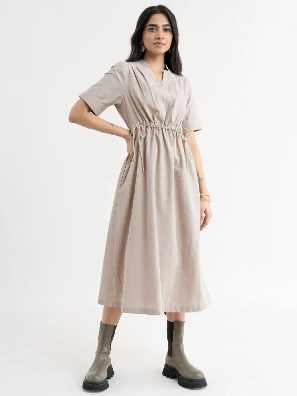 Linen Dress With Elasticated Waist - Beige