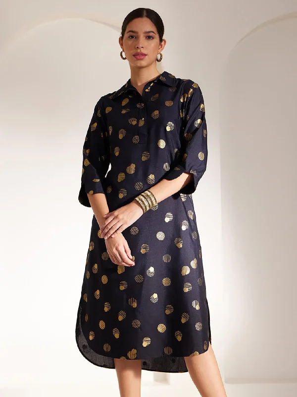 Get It Before It’s Gone Foil Print Shirt Collar Dress - Navy Blue And Gold