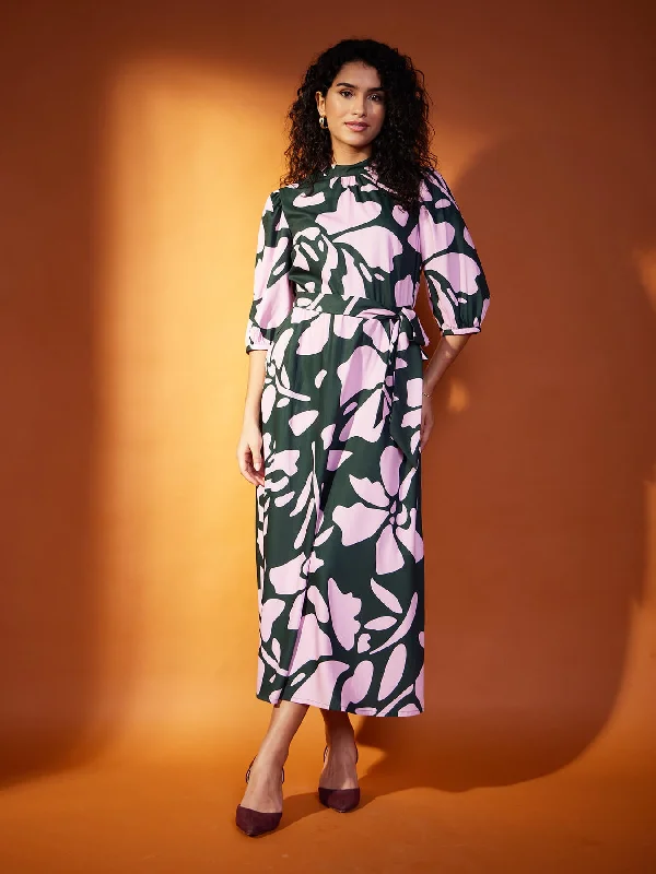 Early Access Floral Gather Detail Dress - Green And Pink
