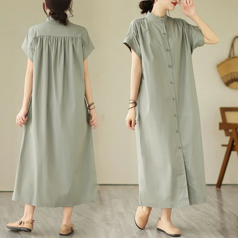 Savings Event Plus Size Mandarin Collar Button Down Midi Shirt Dress