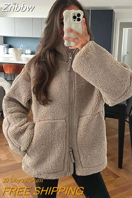 Znbbw Casual Loose Zippered Plush Jacket Women's Fashion Elegant Long Sleeve Overcoat 2023 Autumn/Winter Thick Warm Street Wear