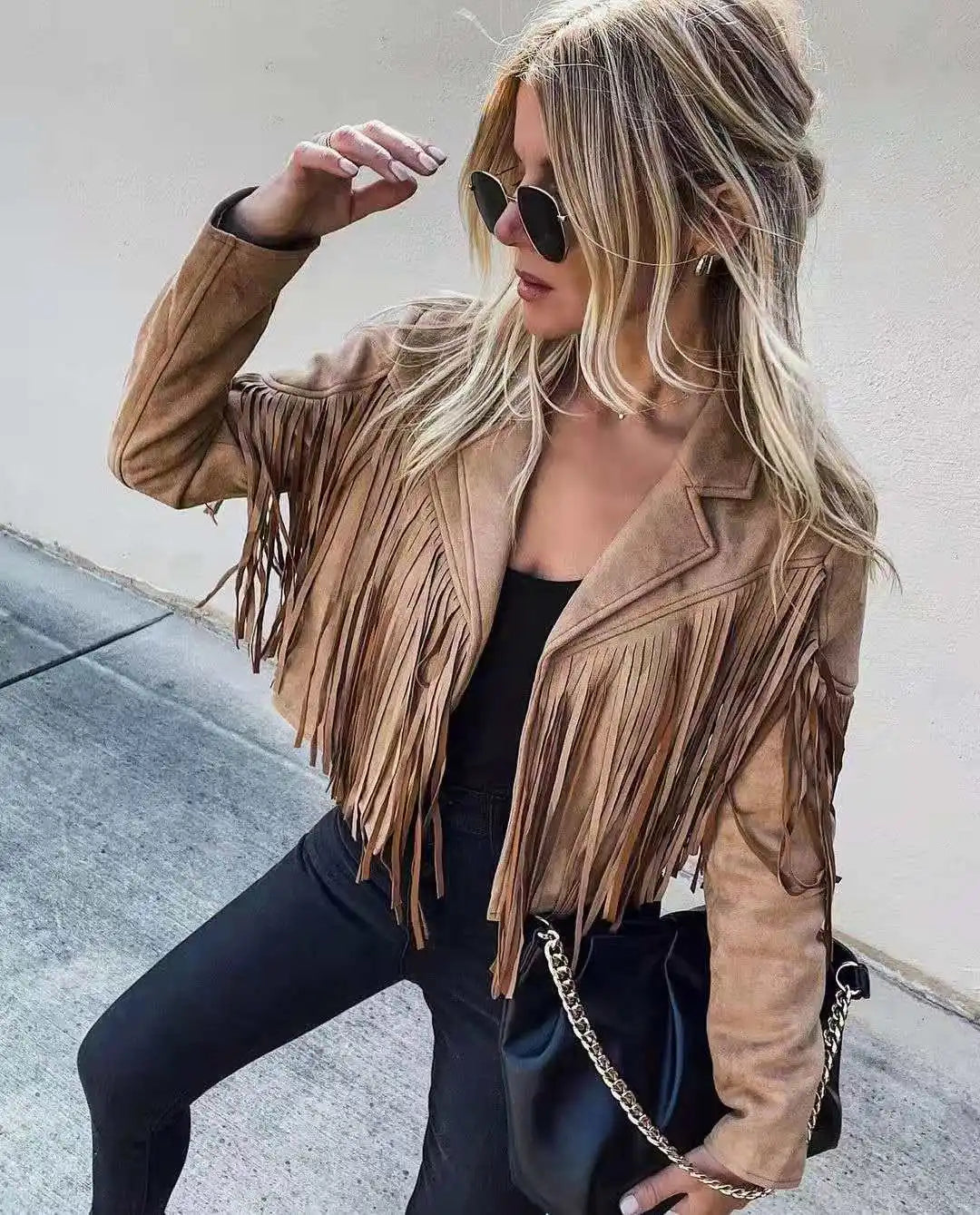 Znbbw Women Y2k Fringed Hem Tassel Cardigan Crop Tops E-girl Motor Biker Jacket Suede Leather Jacket 90s Vintage Streetwear Coat Cool