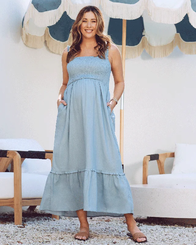 Super Sale Margot Maternity Shirred Dress in Light Blue