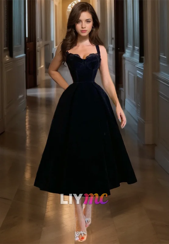 Exclusive Savings LP306 - A-Line Tea Length Sweetheart Lace Velvet Prom Formal Evening Dress