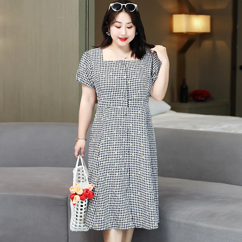 (4XL-8XL) Plus Size Gingham Yellow Flowers Gingham Dress (Extra Big Size)