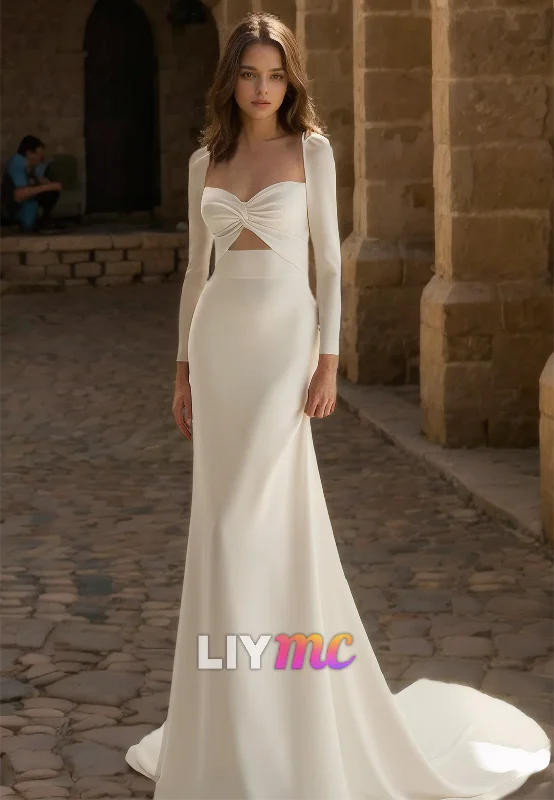 New Markdowns Sweetheart Long Sleeves Illusion Sleek Mermaid Wedding Dress