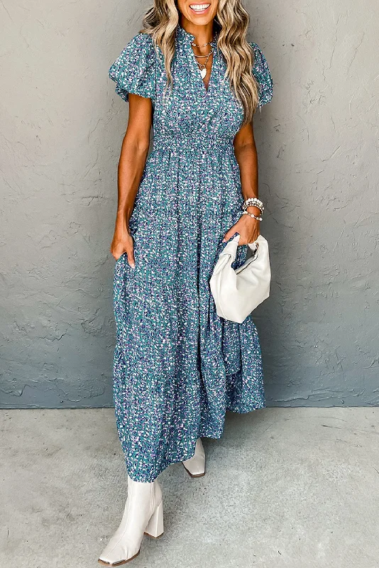 Price Drop Alert Blue Printed V Neck Shirred Short Puff Sleeve Maxi Dress