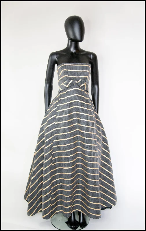 Special Price Vintage 1950s Grey Gold Stripe Gown