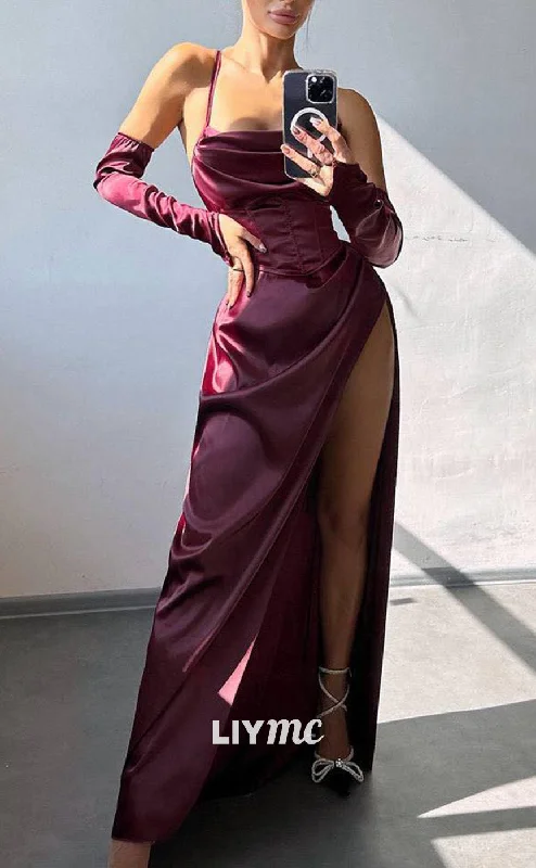 Super Deal LP2200 - Scoop Sleeveless Pleated Sleek Satin High Slit Prom Dress