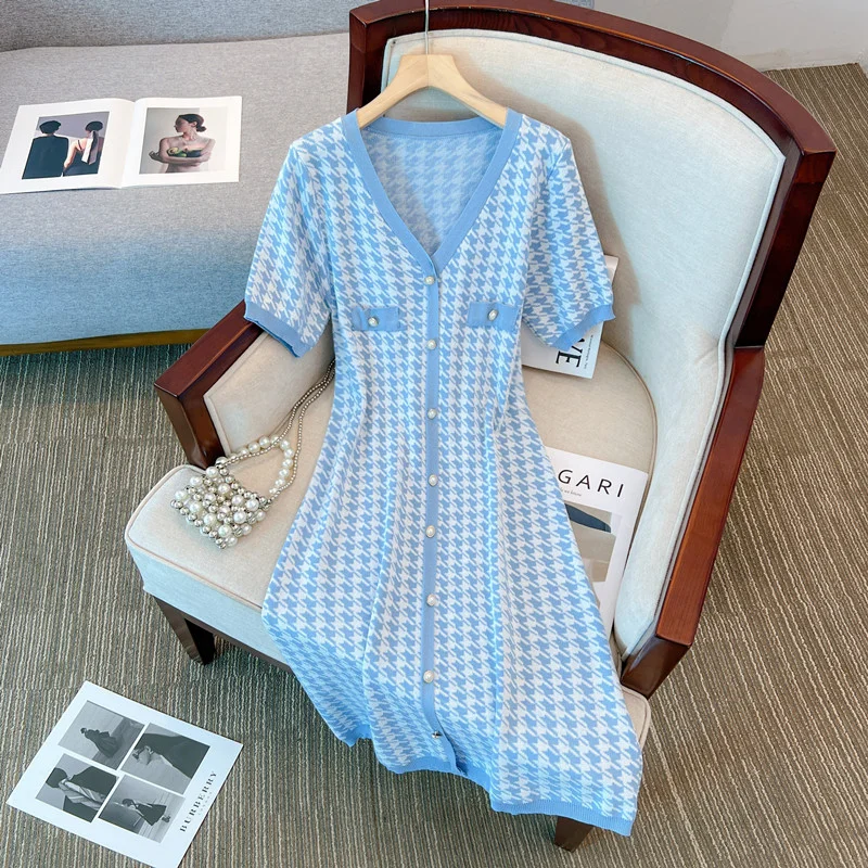 Online Only Plus Size Chanelesque Knit Houndstooth V Neck Short Sleeve Dress