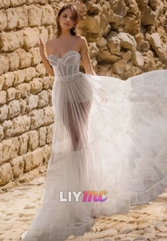 Massive Deals Sweetheart Strapless Tull Sheer A-Line Beach Wedding Dress