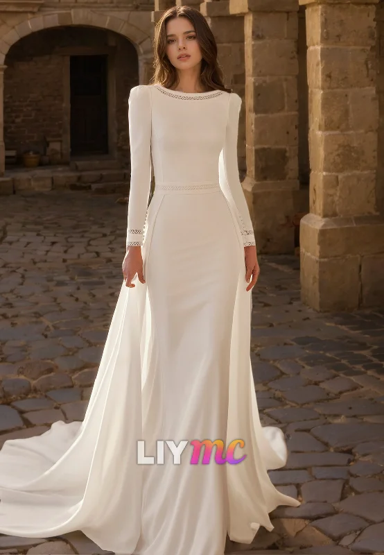 LW876 - Scoop Long Sleeves Sleek Satin Mermaid Long Beach Wedding Dress