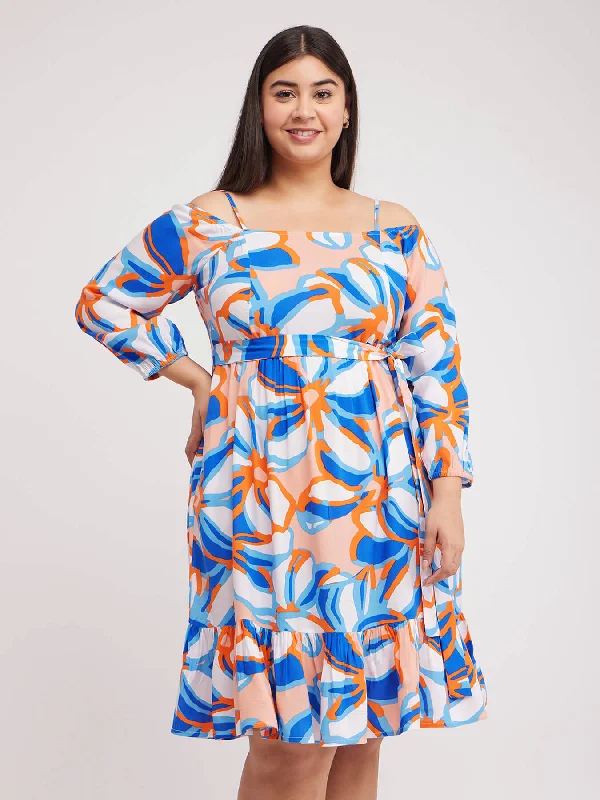 Best Bargains Off Shoulder Floral Dress - White And Blue