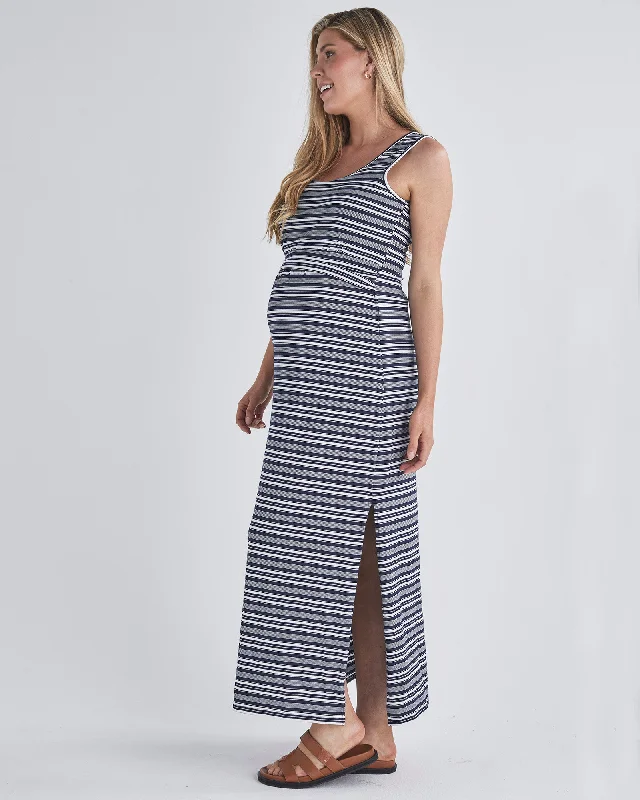 Quick Sale Busy Mama Nursing Maxi Dress in Dark Navy Stripes