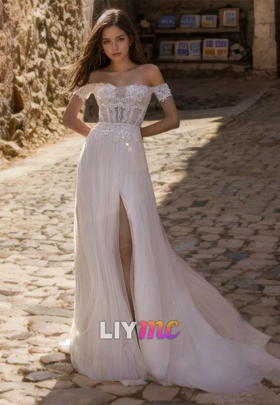 The Best Prices Off-Shoulder Strapless Lace Appliques Tulle A-Line Wedding Dress