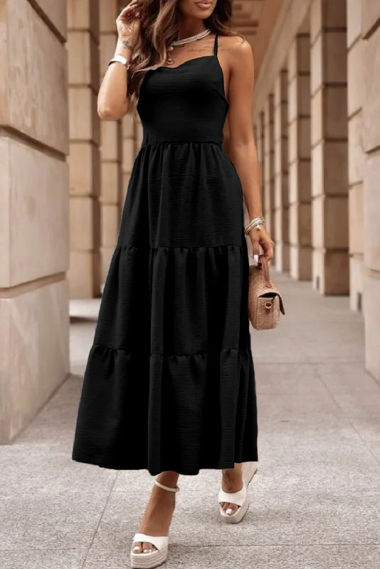 Discount Deals Black Crossover Backless Bodice Tiered Maxi Dress