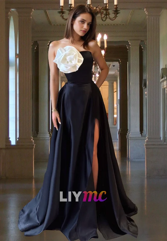 Limited Availability Straight Across Sleeveless Side Slit Floral Embellished A-Line Evening Dress