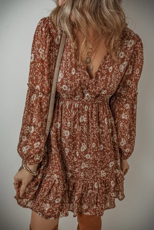Special Savings Brown Boho Floral Ruffled Puff Sleeve V Neck Mini Dress