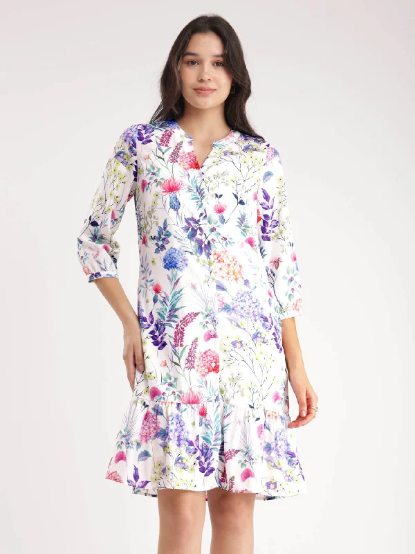 Instant Discount Floral Button Down Dress - White
