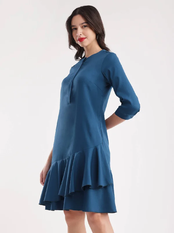 Steals and Deals Ruffle Placket Detail Dress - Teal