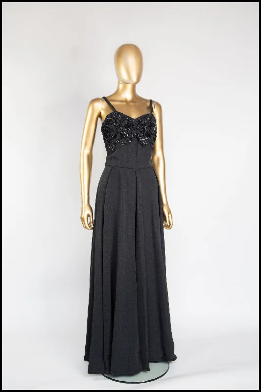 Vintage 1950s Black Grosgrain Ballgown Dress