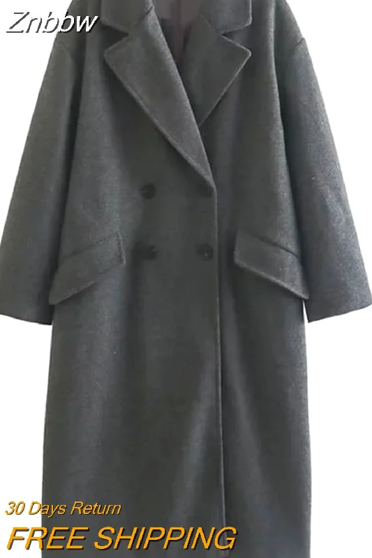 The Best Prices Znbbw TRAF Women 2023 Winter Gray Thick Woolen Coats With Button Loose Long Sleeves Pocket Ladies Elegant OverCoat 202310