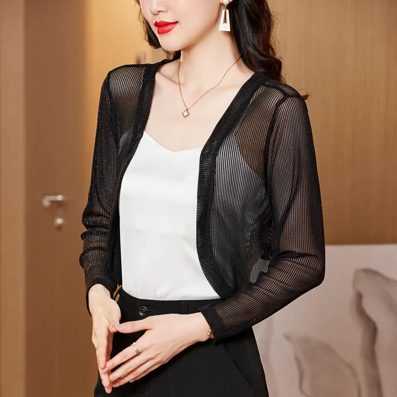 Znbbw Women Thin Mesh Cardigans Lady Summer Transparent Shawl Female Long Sleeve Short Coat Outwear