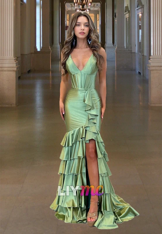 Bonus Savings V-Neck Sleeveless Tiered Ruffled Mermaid Prom Dress