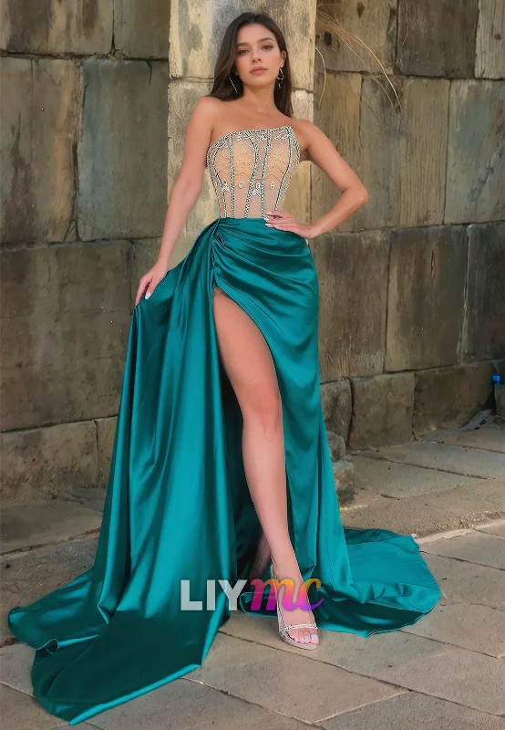 Big Discounts LP706 - Sheath/Column Strapless Beaded Satin Long Prom Evening Dress With Slit Big Discounts LP706 - Sheath/Column Strapless Beaded Satin Long Prom Evening Dress With Slit
