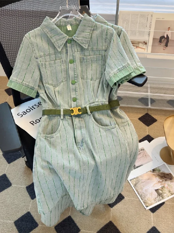 Plus Size Green Short Sleeve Denim Shirt Dress