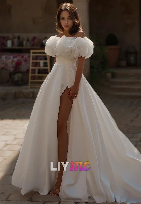 Low Prices Off-Shoulder Strapless Pleated Satin Floral Embellished A-Line Wedding Dress