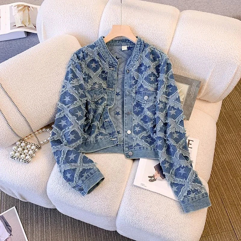 Znbbw Fragrance Y2k Jackets Crop Top Tassel Star Print Single Breasted Denim Coat Autumn All Match Design Vintage Women Clothing