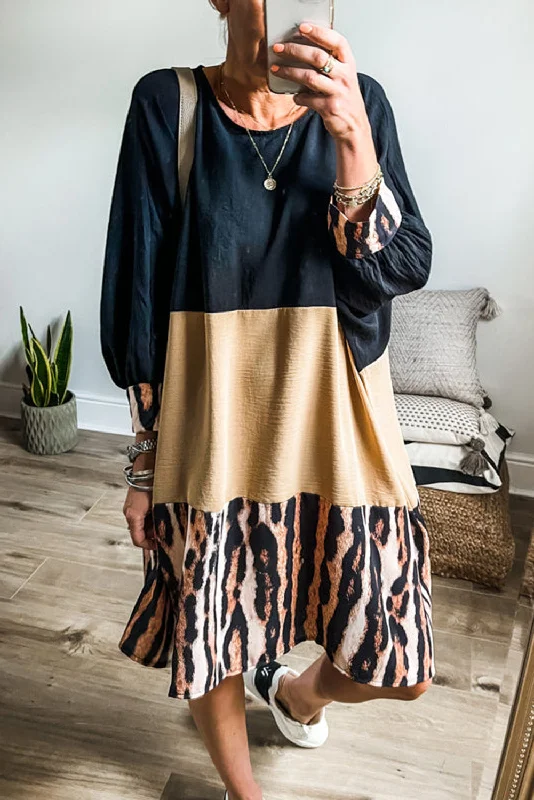 Great Deals Khaki Printed Tiger Stripe Colorblock Bishop Sleeve Mini Dress