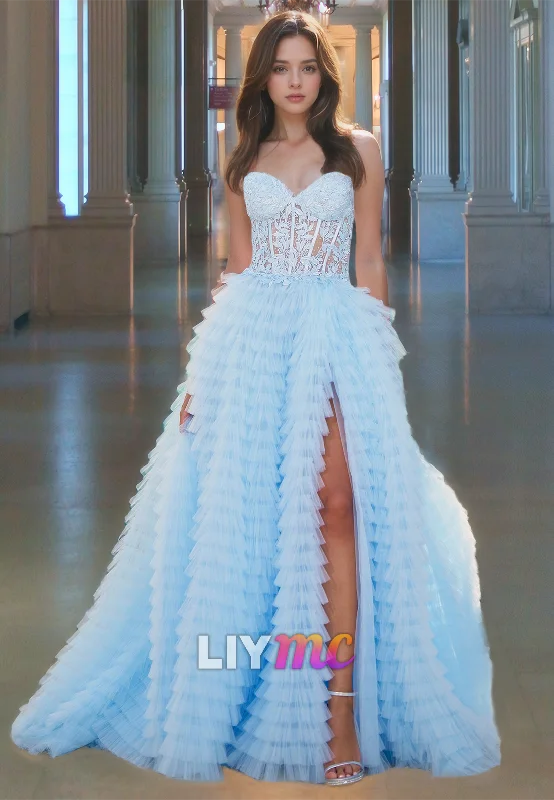 Bargain Blast Sweetheart Sleeveless Appliques Sheer Tiered A-Line Prom Dress
