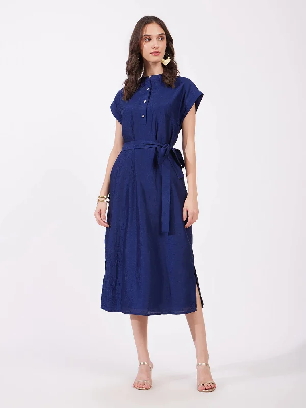 Silk Tie-Up Dress - Navy Blue