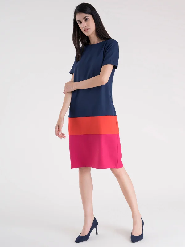 Year-End Sale Boat Neck Color Block Shift Dress - Navy, Coral And Fuchsia