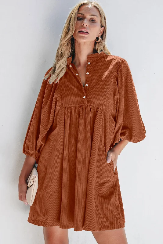 The Best Prices Gold Flame Corduroy Snap Buttons Empire Waist Bracelet Sleeve Dress
