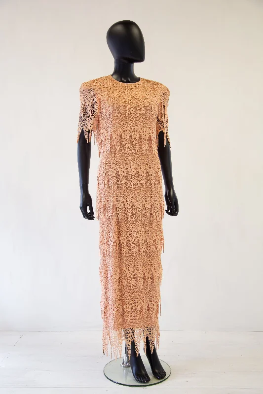 Vintage 1980s Peach Guipure Lace Tiered Maxi Dress