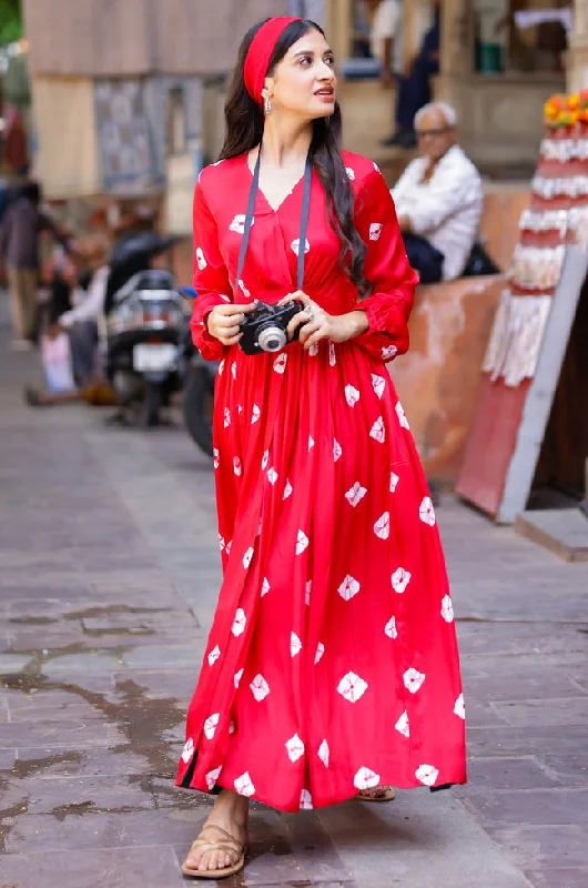 Big Discounts Red Bandhani Modal Satin Maxi Dress