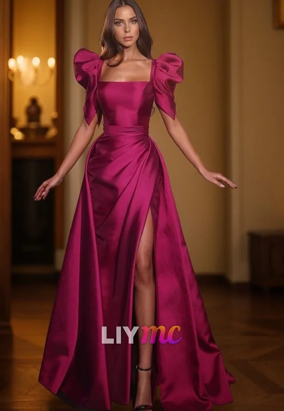 Today's Special LP2320 - Square Puff Sleeves Pleated Satin High Slit A-Line Prom Dress Today's Special LP2320 - Square Puff Sleeves Pleated Satin High Slit A-Line Prom Dress