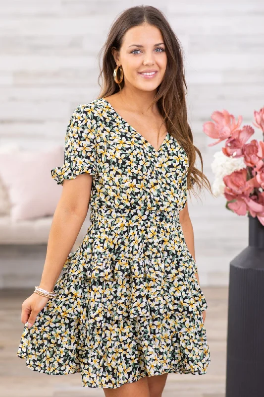 Black and Yellow Floral Tiered Skirt Dress