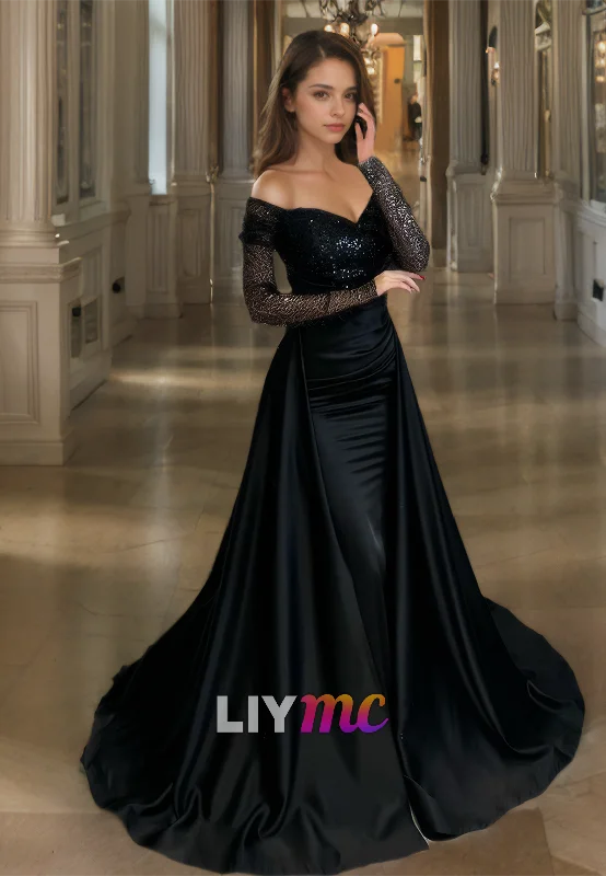Year-End Sale Off-Shoulder Long Sleeves Sequins Mermaid Prom Dress
