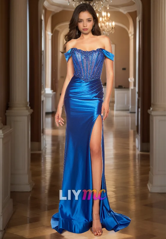 Low Prices Off-Shoulder Sleeveless Beaded High Slit Bodycon Sheath Prom Dress