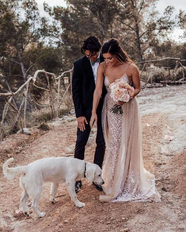Savings Spectacular Deep V-Neck Spaghetti Straps Sparkly Wedding Dress,LKZ6114