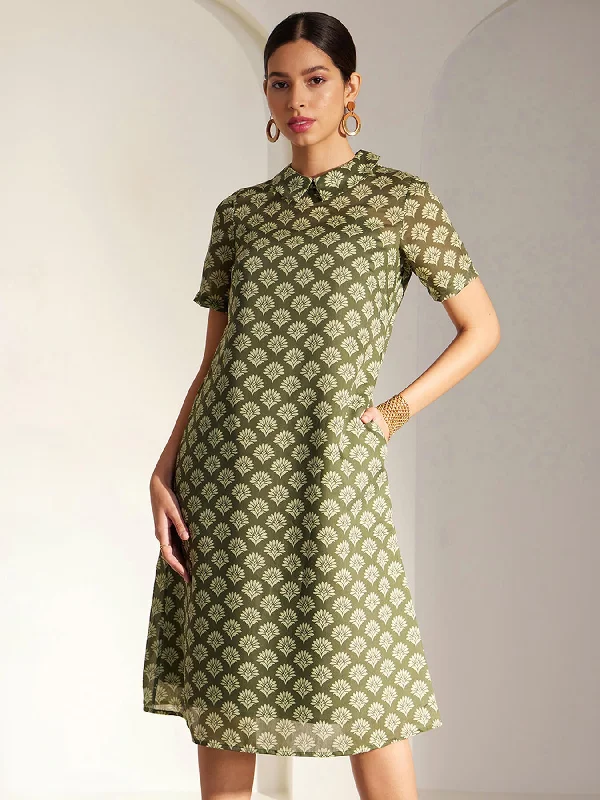 Quick Sale Chanderi Indian Motif Dress - Green And Off White