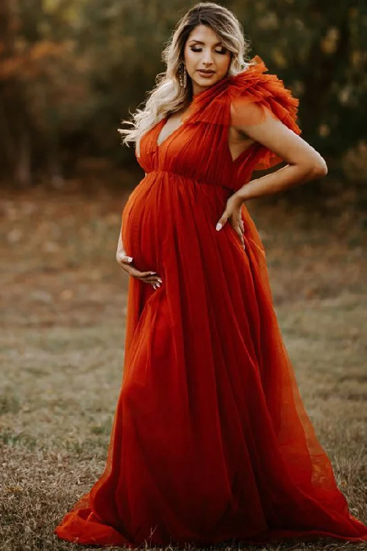 Special Promotion Custom A-line Tulle Deep V-neck Ruffle Maternity Photoshoot Dress