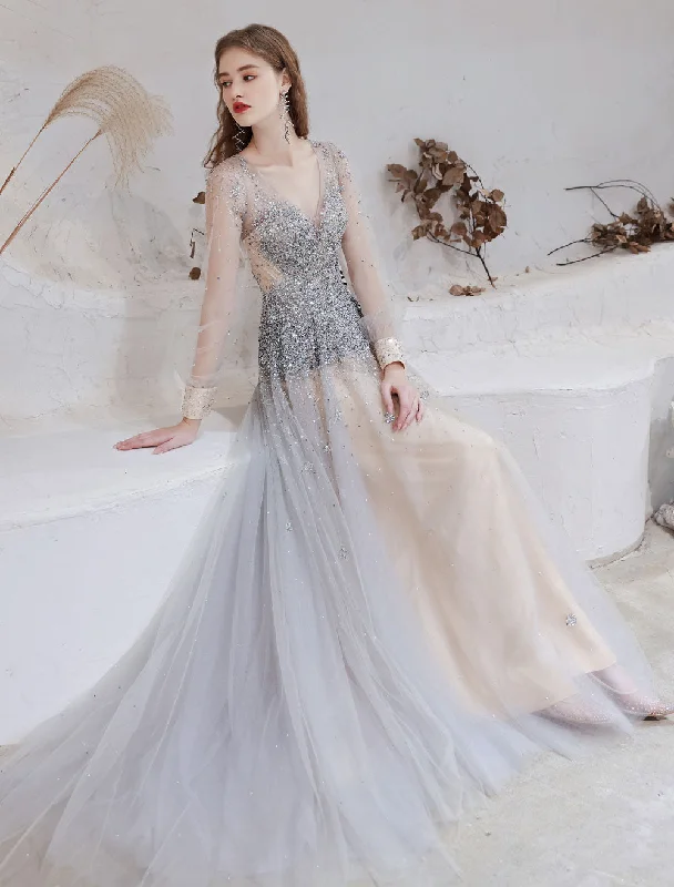 Mega Sale Stunning Evening Dress Light Grey A Line Jewel Neck With Train Long Sleeves Zipper Formal Dinner Pageant Dress